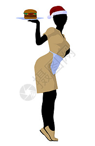 非裔美国女服务员香椿帽子艺术男仆女士仆人服务器托盘剪影传菜员图片