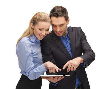 使用平板电脑的男女伙伴生意人衣领成人企业家技术商业专业人员快乐裙子图片