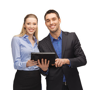使用平板电脑的男女男人快乐裙子商业职员专业人员学生套装技术企业家图片