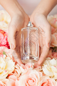 女人的手展示香水香味身体按摩调香师呵护皮肤疗法化妆品花朵温泉背景