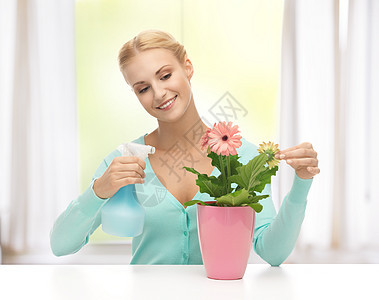 妇女用鲜花和喷雾瓶装锅植物园艺家务爱好女孩施肥园丁主妇花店微笑图片