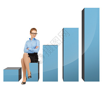 坐在3D大图表上的女商务人士女孩统计销售量眼镜微笑利润银行业数据人士桌子图片
