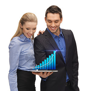 2名商务人士 用图示显示平板电脑高科技生长商务微笑数据女士图表男人经济工人图片