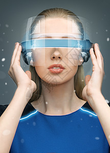 戴未来眼镜的妇女扫描器展示技术世界女性小说菜单机器人互联网科幻图片