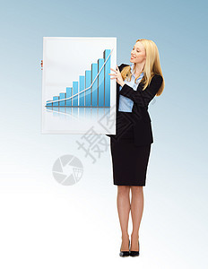 持有带有图示板的女商务人士咨询横幅微笑成功女士统计老板商业报告预报图片