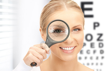 配有放大镜和眼图的妇女程序检查验光师外科眼睛学生字母保健激光考试图片