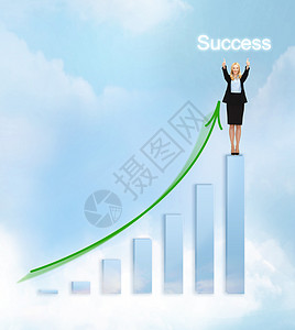 成功阶梯拥有3D大图表的女商务人士销售量生长证券成功酒吧分析师成就商务经济学投资背景