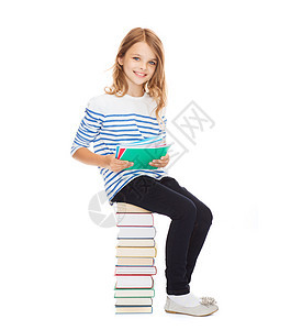 坐在书本堆叠的小女孩女学生图书知识学者女孩孩子童年教科书收藏青少年青春期图片