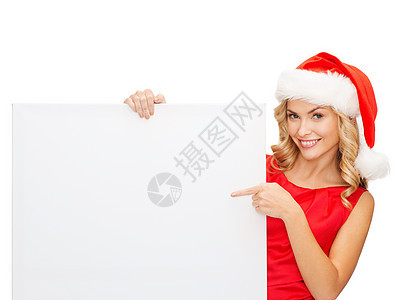 戴着空白白板的圣塔帮手帽的妇女庆典女孩折扣季节微笑横幅假期裙子广告销售图片