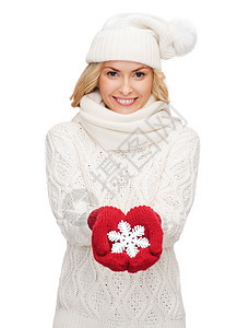 有大雪花的女人女性衣服羊毛帽子薄片毛衣围巾微笑幸福季节图片