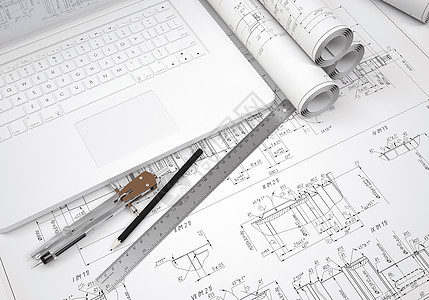 工程图纸和笔记本电脑金属统治者文档工程师测量蓝图绘画打印圆规键盘背景图片