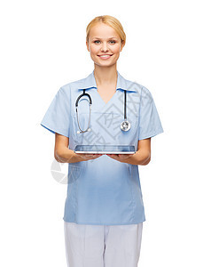 配有平板电脑的女医生或护士兽医药片职业诊所教育医院情况快乐女士帮助图片
