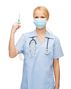 戴着注射器面具的女医生或护士援助程序抗生素外科液体女性胶原诊所乐器注射图片
