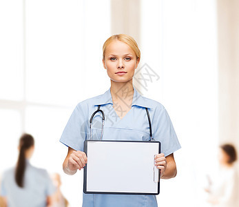 带剪贴板 微笑着的女医生或护士女士广告卫生诊断横幅保健医疗保险帮助成人医院图片