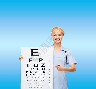 带眼图 微笑的女医生或护士药品帮助情况测试专家考试眼镜成人医院验光师图片