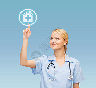 指着医院图标的微笑的医生或护士工人学生屏幕技术女士药店房子保健实习生专家图片