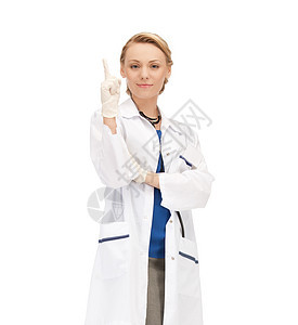 微笑的女医生指着她的手指图片