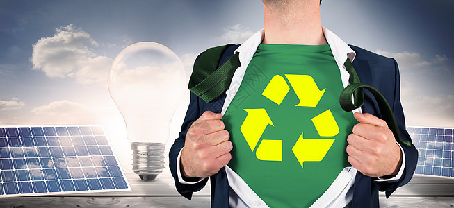 商务人士以超级英雄风格打开衬衫的复合图像Name绘图环境太阳能板回收地球生态力量男性双手太阳能图片