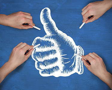 多手用粉笔画拇指的复合图象蓝色手势写作绘画双手海军绘图白色涂鸦计算机背景图片