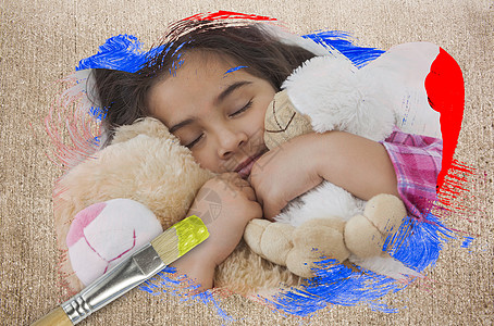 女孩拥抱泰迪的复合形象公寓卧室毛绒玩具笔触画笔房子玩具熊小憩创造力图片