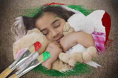 女孩拥抱泰迪的复合形象午睡卧室画笔小憩风化玩具熊玩具公寓计算机绘图图片