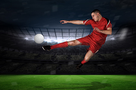 健身足球运动员踢踢和踢球播放器白色男性运动闲暇团队红色杯子运动服绘图图片