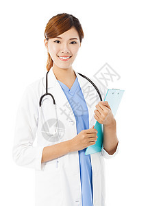 一个微笑着的女医生的肖像 孤立在白色上外套女士治疗案件女性工作兽医眼镜诊所职业图片