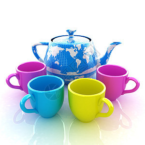 为地球提供彩色杯子和茶壶桌子蓝色赤道咖啡边框厨房生活咖啡店饮料行星图片