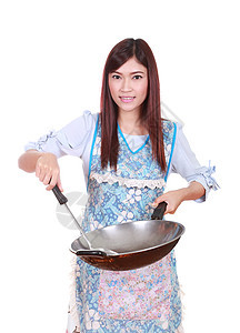 女厨师拿着炸锅 白纸上隔离着女士食物围裙厨具妻子女孩烹饪平底锅餐厅成人图片
