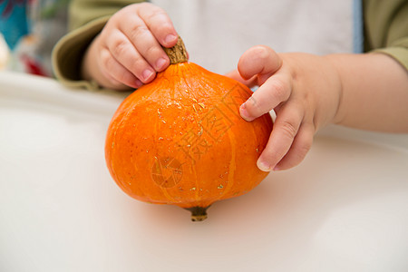小橙南南瓜在婴儿手中图片