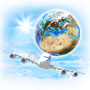 用飞机对抗云和太阳的地球国家旅行太阳翅膀运输航班地平线行星世界假期图片