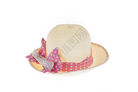 白底带粉色丝带的漂亮的草帽边缘太阳帽花园裙子假期引擎盖帽子防晒褐色时间图片