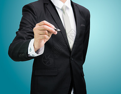 商务人士站立姿势手握钢笔 孤立思考人士男人管理人员蓝色木板套装铅笔商业绘画图片