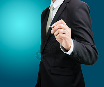 商务人士站立姿势手握钢笔 孤立商业蓝色男人绘画套装空白姿态商务人士铅笔图片