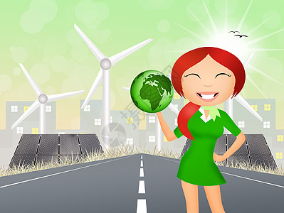 生态世界中的女童房子插图动物明信片绿色环境太阳能零售涡轮机发电机图片