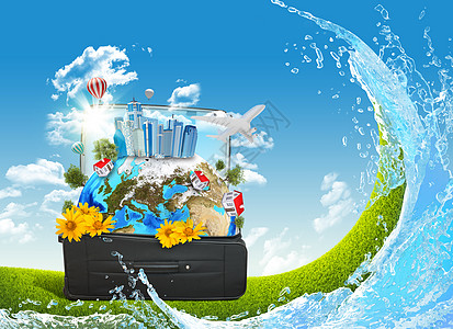 地球建筑和树木装在旅行袋中波纹办公室气球飞机闲暇蓝色旅行太阳液体行李图片