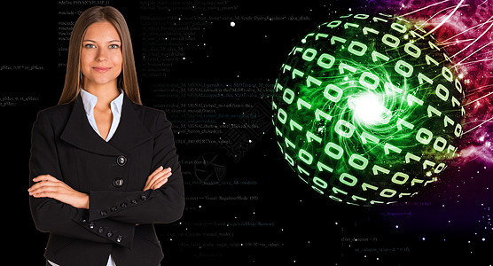 身穿西装的女商务人士 发光的数字圈编码数字化图表商务电脑技术生长统计衬衫手臂图片