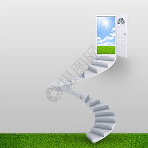 螺旋楼梯和魔法门概念想像力天空入口场地草地绿色插图自由商业图片
