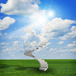 天空中的螺旋楼梯 有绿草 乌云和阳光图片