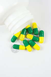瓶外绿色和黄黄色药丸治愈胶囊蓝色治疗科学药片白色药品医疗药店图片