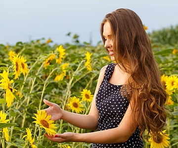 有向日葵的漂亮女孩女性农村微笑花朵农场晴天天空季节发型女士图片