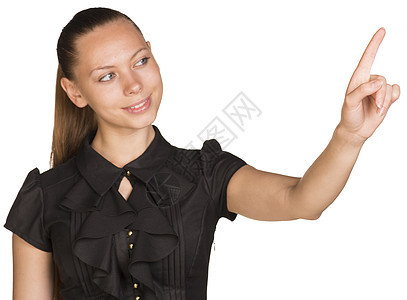 女性触摸虚拟按钮白色屏幕投标快乐女士女孩青年手指指纹黑色图片