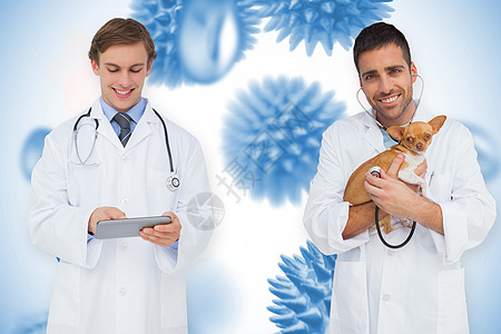 快乐的医生和兽医综合形象滚动感染专家平板工作微笑从业者生物男性疾病图片