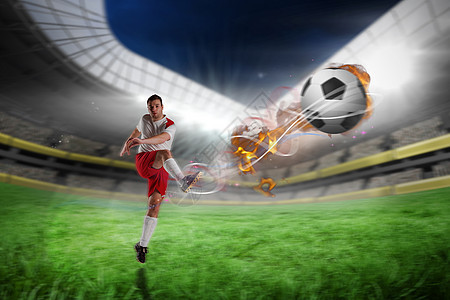 足球运动员在白脚踢球的复合形象播放器聚光灯男人绿色运动球衣白色数字绘图活动图片