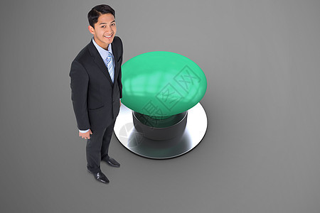 笑笑的亚洲商务人士的复合形象数字商业绘图按钮商务绿色夹克头发短发微笑背景图片