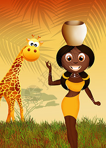 非裔非洲妇女丛林马赛文化黑色微笑插图荒野快乐旅行卡通片图片