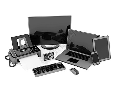 笔记本电脑 平板电脑和智能手机灰色作家传真机桌子空白技术展示键盘打印机老鼠图片