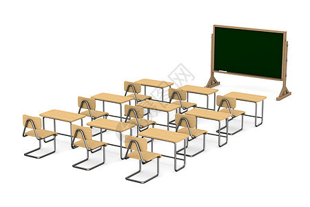 白色背景的教室 孤立的 3D 图像桌子装饰椅子学生学校研讨会课桌训练粉笔风格图片