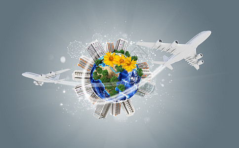 地面上有建筑物的地球 飞机和网络图标土地摩天大楼平面建筑植物气球运输绿色世界轨迹图片