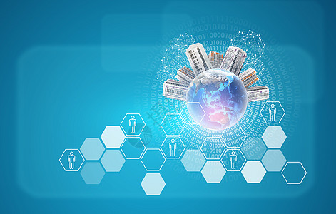 带有地球建筑物的六边形和数字作为背景图片